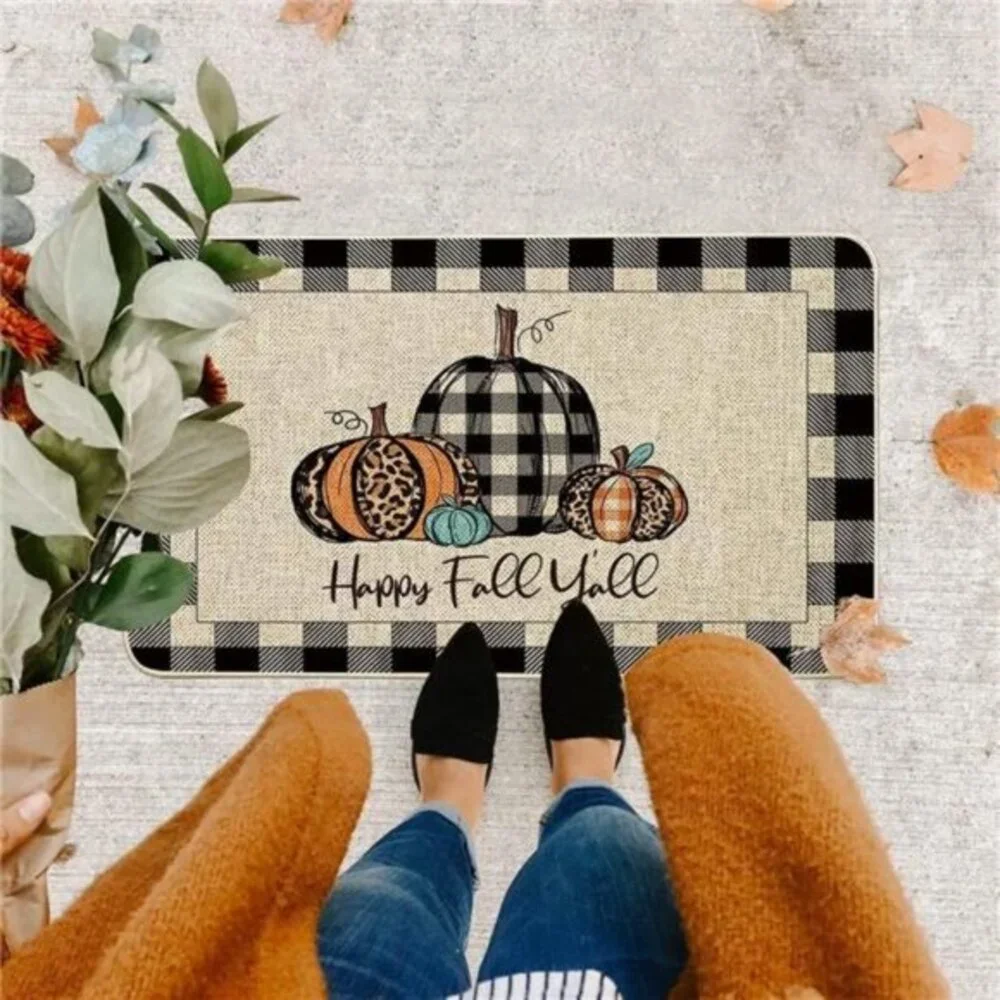Happy Fall Y'all Doormat Buffalo Check Plaid Pumpkin Door Mats Autumn 17x29 inch